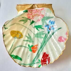 Vintage Floral Seashell Trinket Dish Coastal Decor